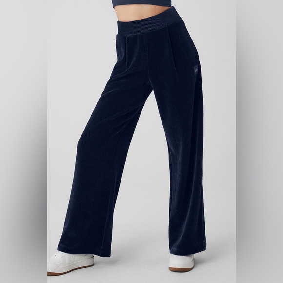 Alo Yoga Navy Blue Velvet Chevron High-Waist Cozy Day Wide Leg Pants EUC Size XS